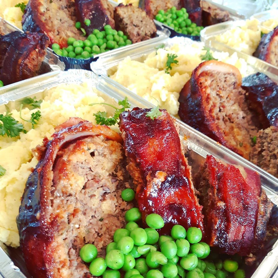 Bacon Wrapped Meatloaf with Mixed Vegetables, Mashed Potatoes + Buttery Peas (Available Thurs Nov 13th)