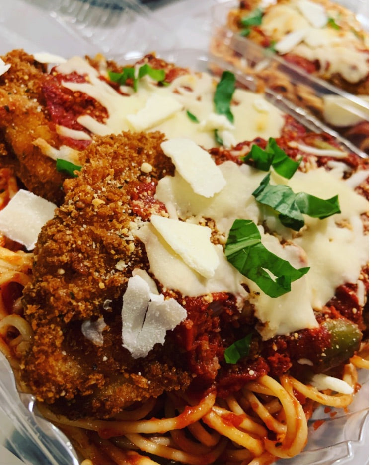 Meal Package: Breaded Chicken Parmesan with Spaghetti, Caesar Salad Kit, Homemade Sourdough with Whipped Garlic Butter (Available Thurs Nov 13)